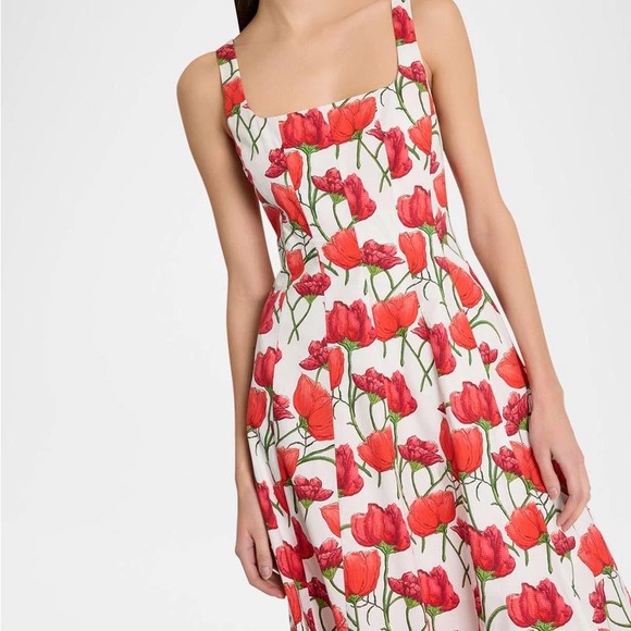 NWT MILLY Nia Peony A-Line Midi Dress size 10 red and white - Picture 4 of 13